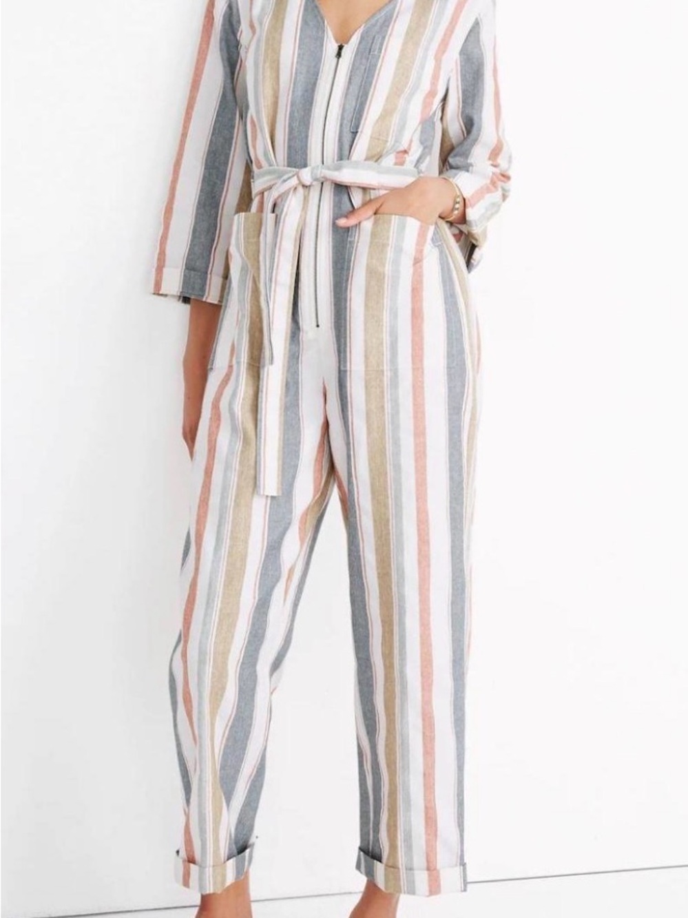 Madewell Striped Linen-Blend Jumpsuit in Blue, Pink &‎ Tan